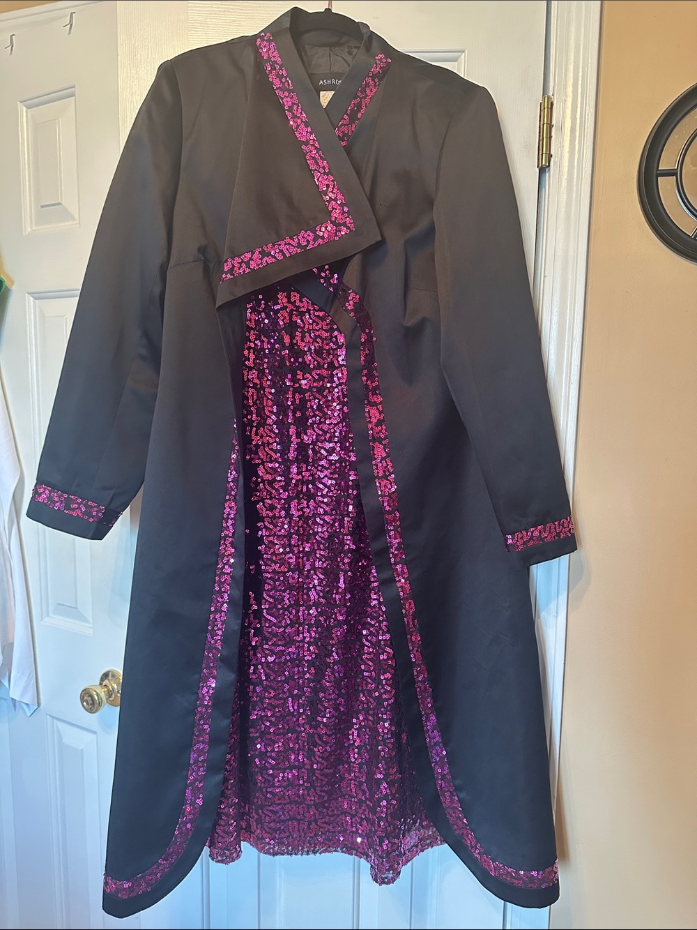 Women's Black Coat with Fuchsia Sequin Trim